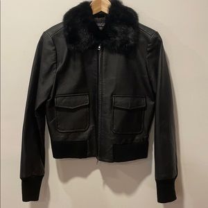 Vintage 90s Leather Jacket with rabbit fur collar